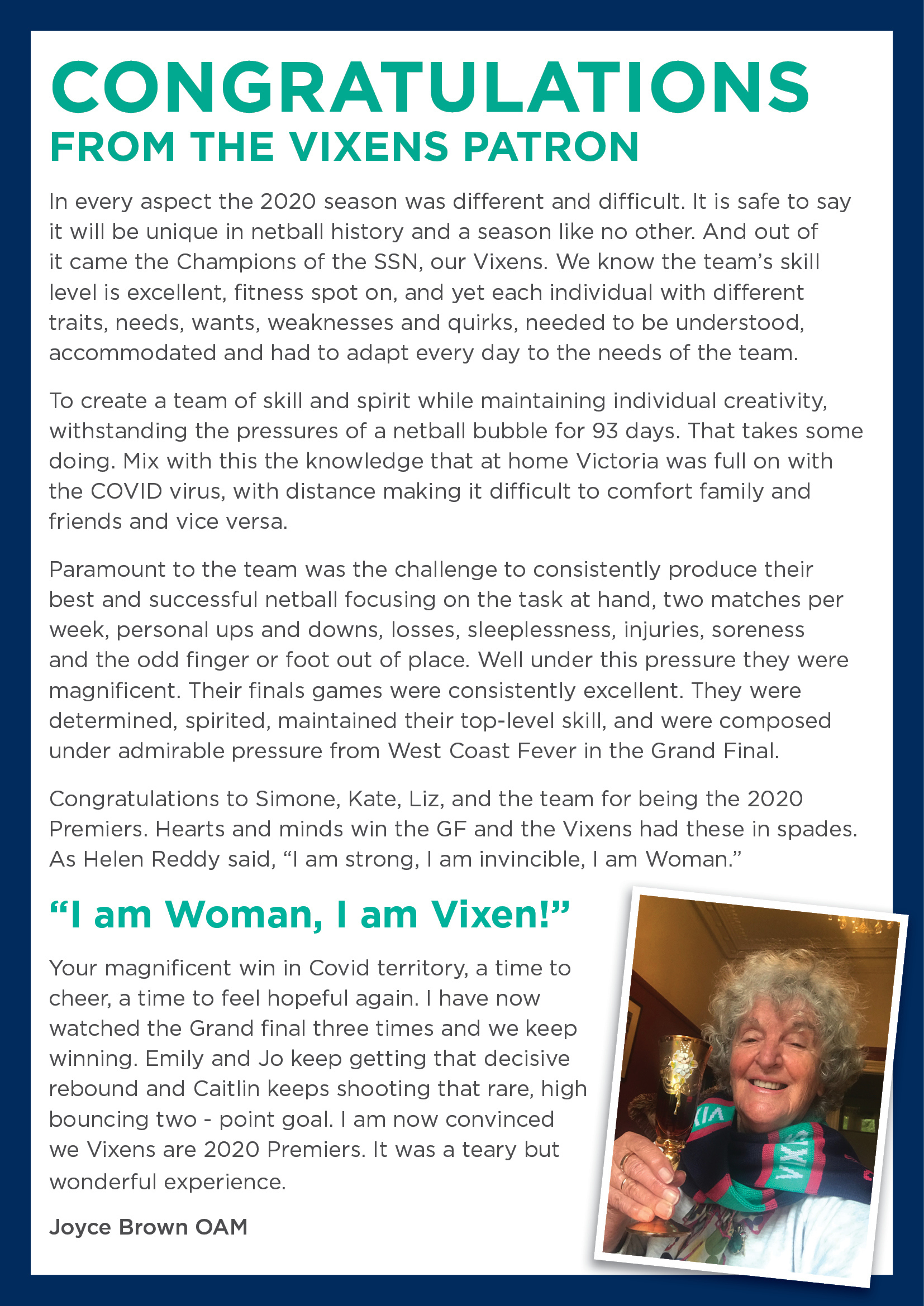 Joyce Bown Vixens Letter